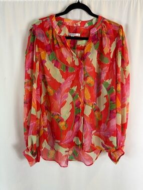 Chicos Top Womens 12 Sheer Colorful Palm Leaf Button Up Blouse Tropical
Beach